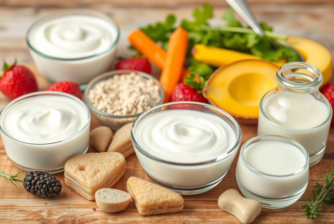 a variety of probiotic-rich foods like yogurt and kefir