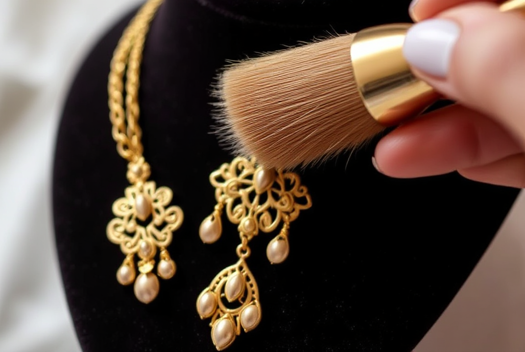 Gold jewellery being cleaned with a soft brush