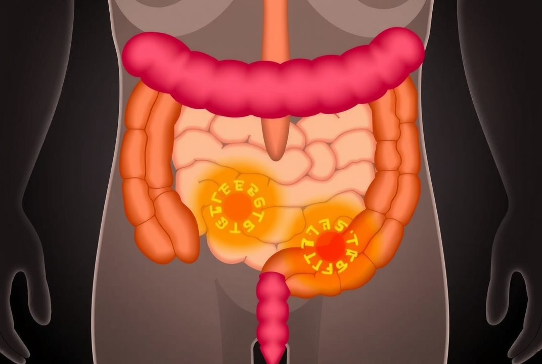 A diagram showing inflamed diverticula in the large intestine
