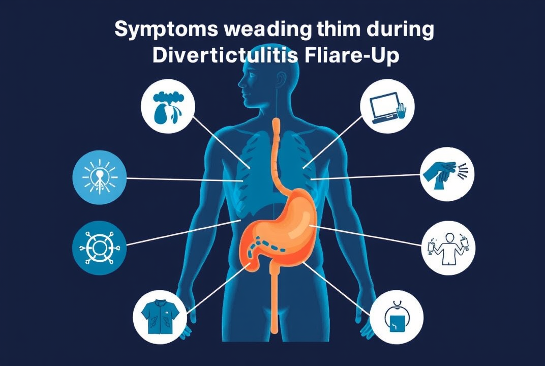 Diagram highlighting symptoms during a diverticulitis flare-up