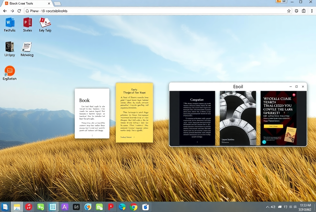 A desktop with various ebook creation tools open on screen