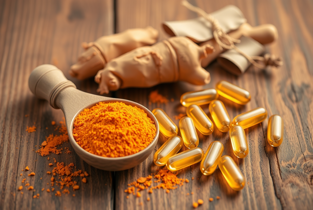 Turmeric spice and capsules on a wooden table