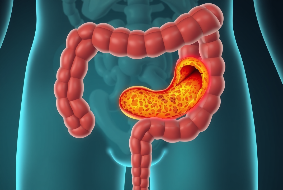 Illustration of colon showing inflamed diverticula