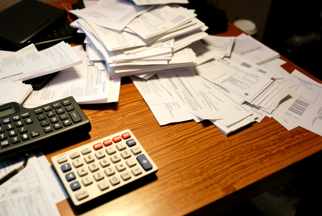 A cluttered desk with receipts and a calculator