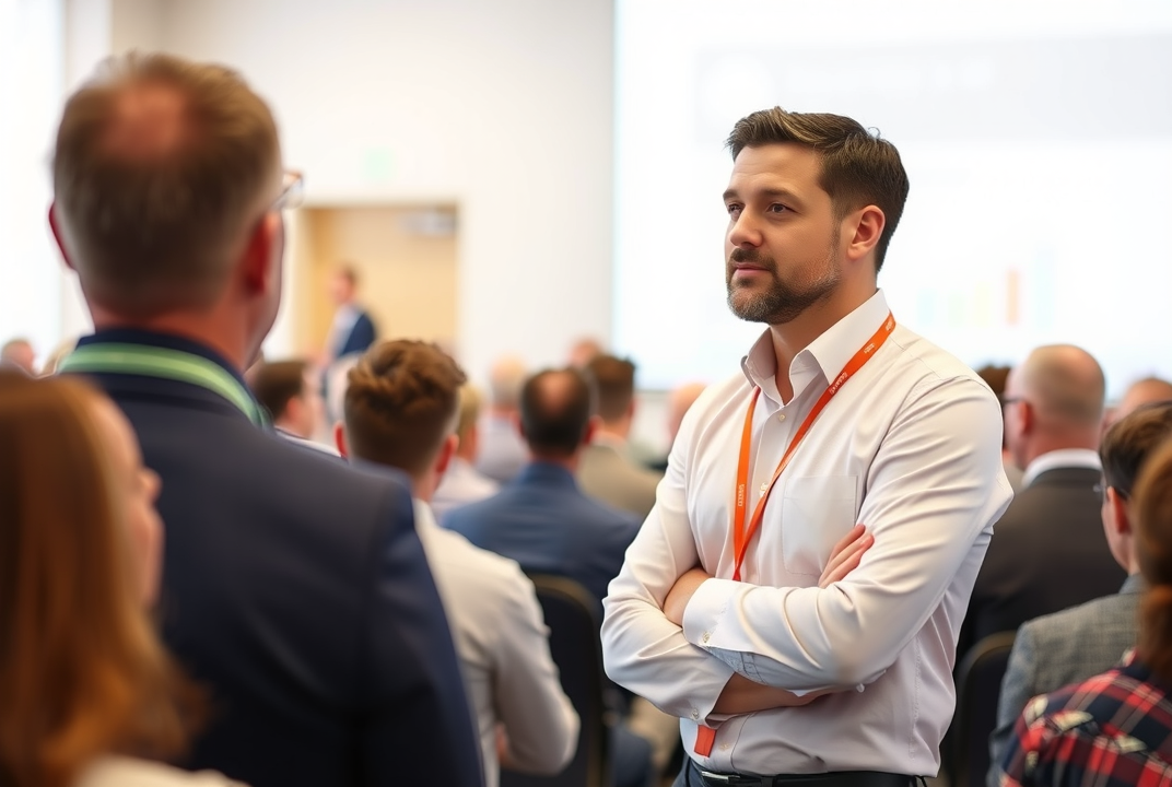 Expert standing before a crowd with a presentation slide in the background
