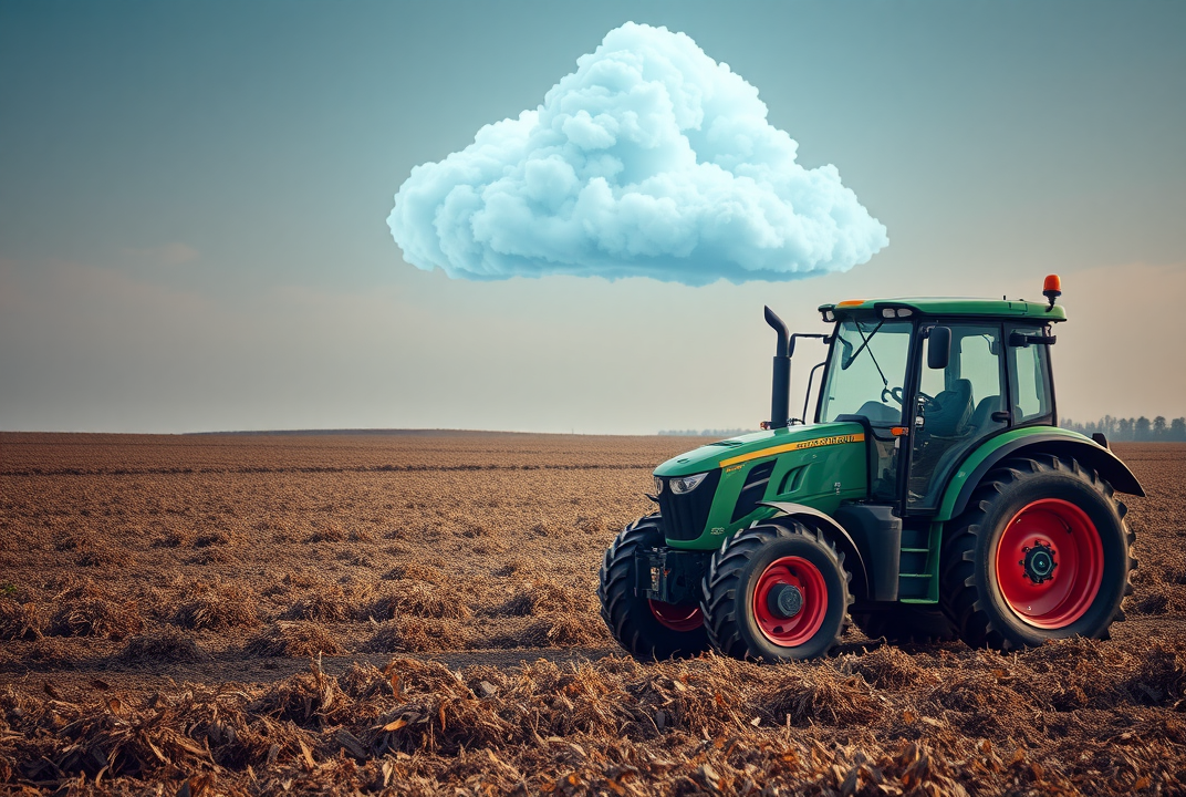 AI-equipped tractor feeding data to a cloud