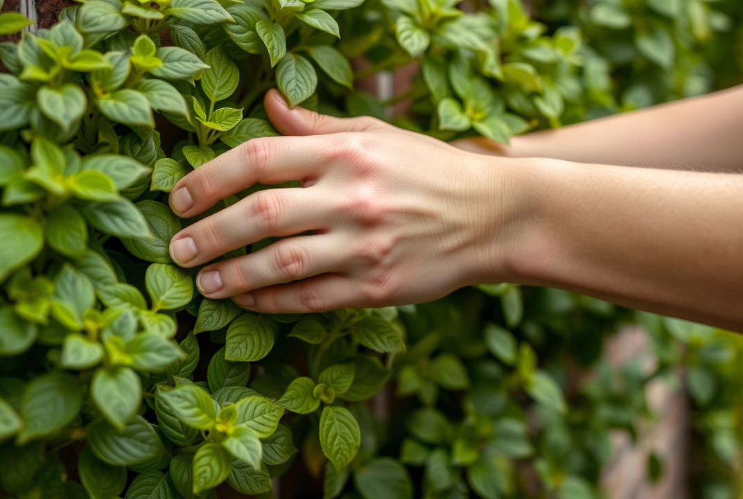 Hands maintaining vertical garden plant health