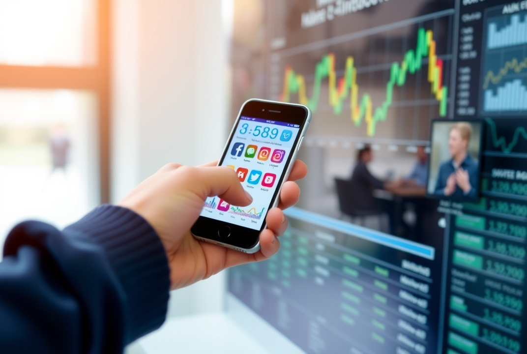 person analyzing data with a smartphone showing social media apps