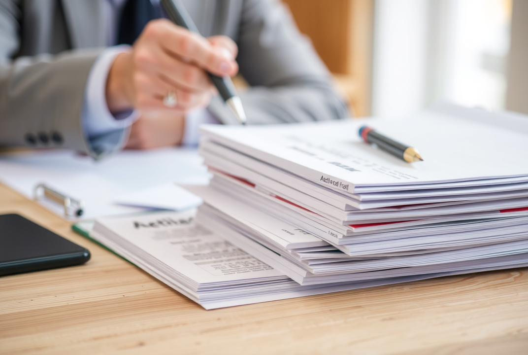 Notary public verifying a stack of tax documents