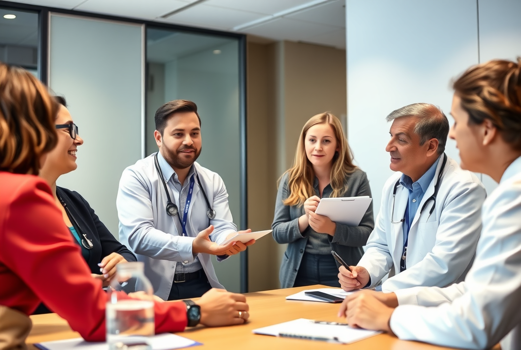 diverse healthcare professionals discussing AI solutions in a meeting room