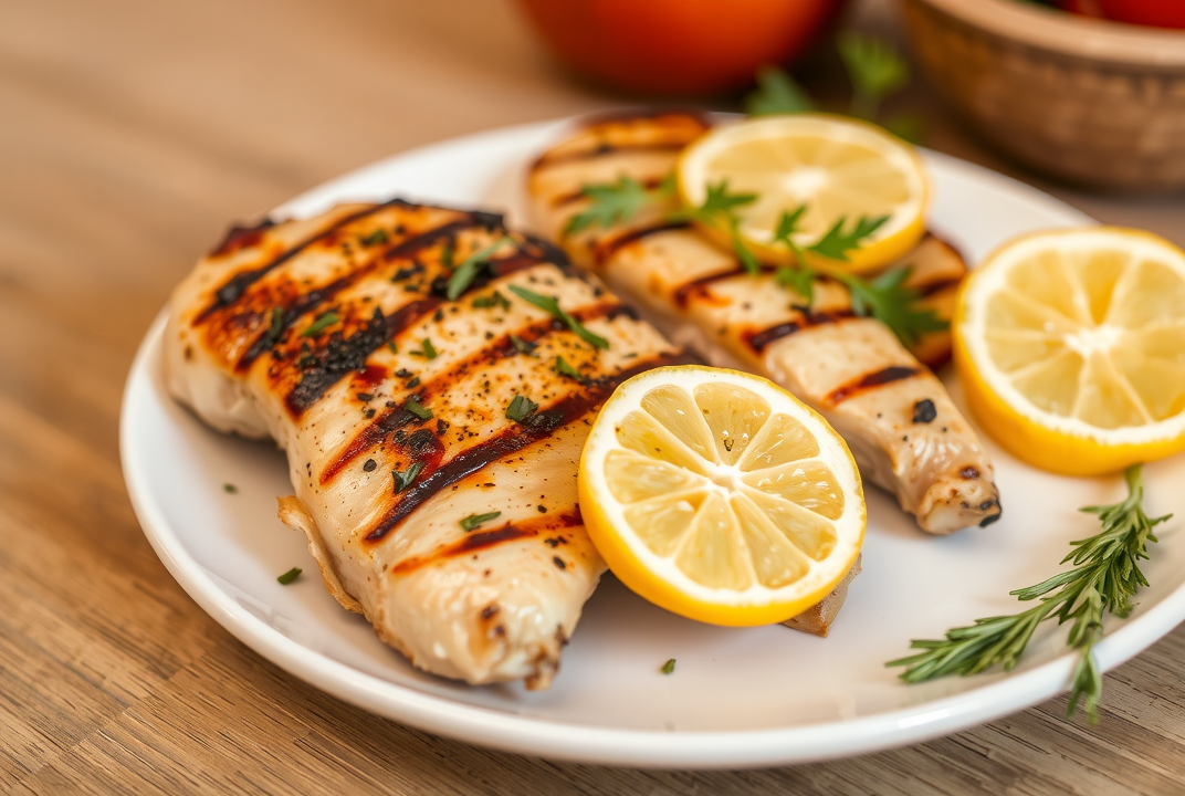 Grilled chicken with lemon and herbs on a plate
